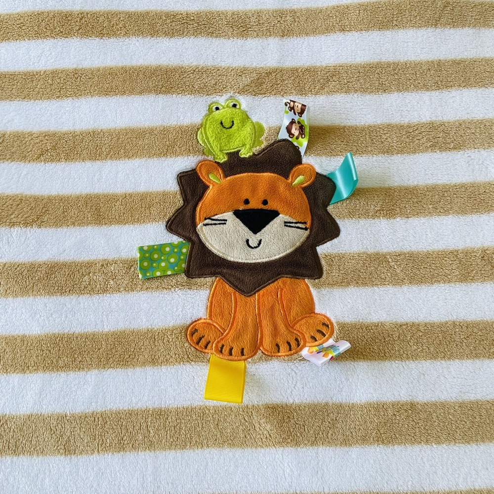 Taggies Baby Blanket Brown Tan Stripe Lion Frog Security Lovey Lovie Ribbons